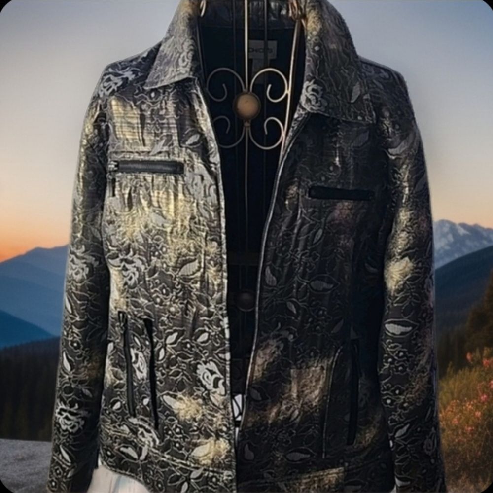 Metallic Gold Floral Zip Jacket With Pockets Shimmery